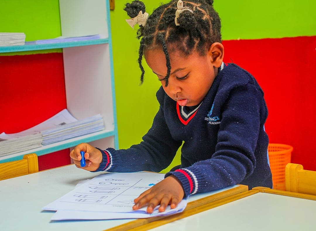 A child concentrating on a writing exercise at their desk